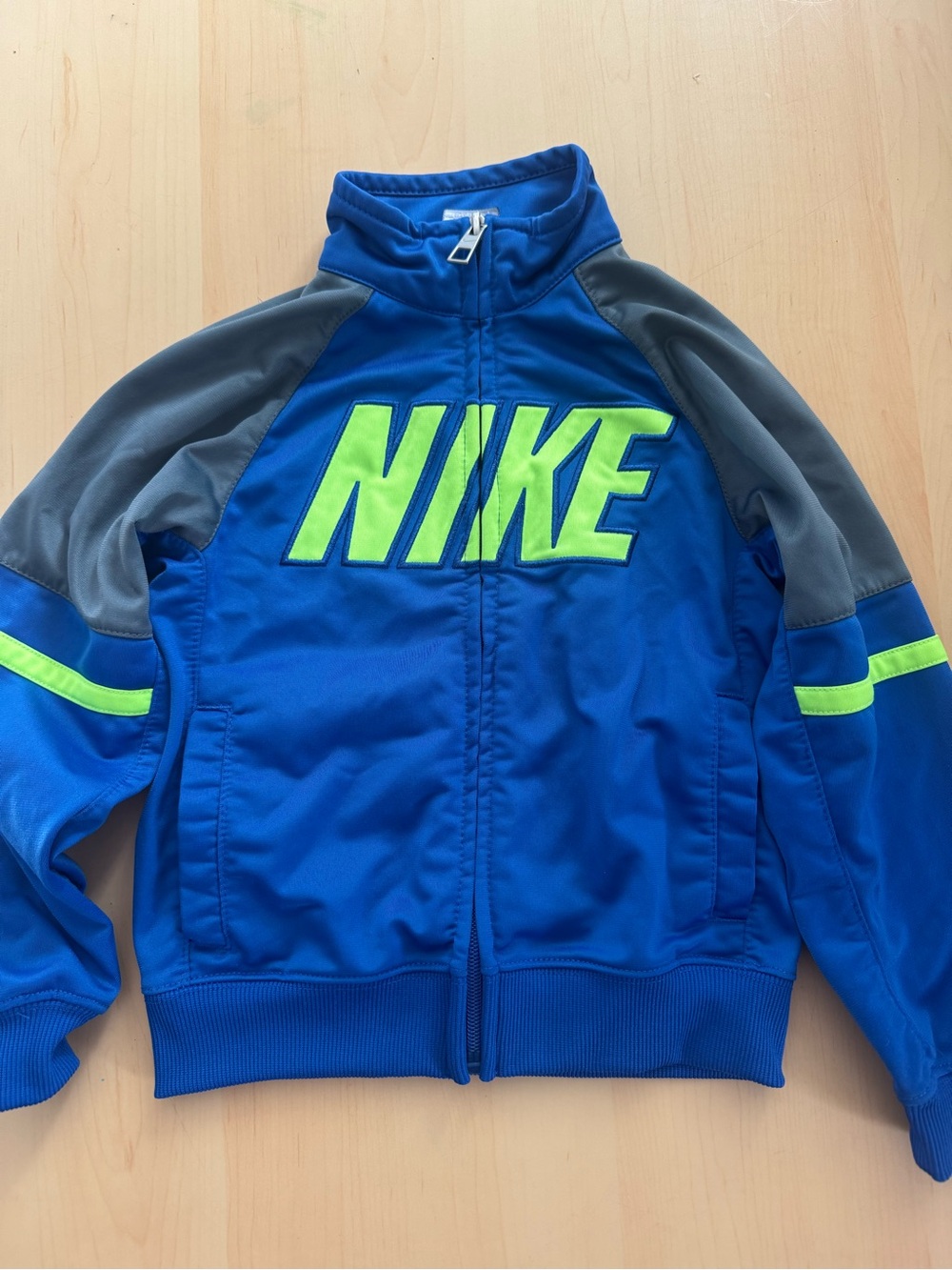 Nike Bright Blue Jacket with Neon Green Logo and Grey Panels
